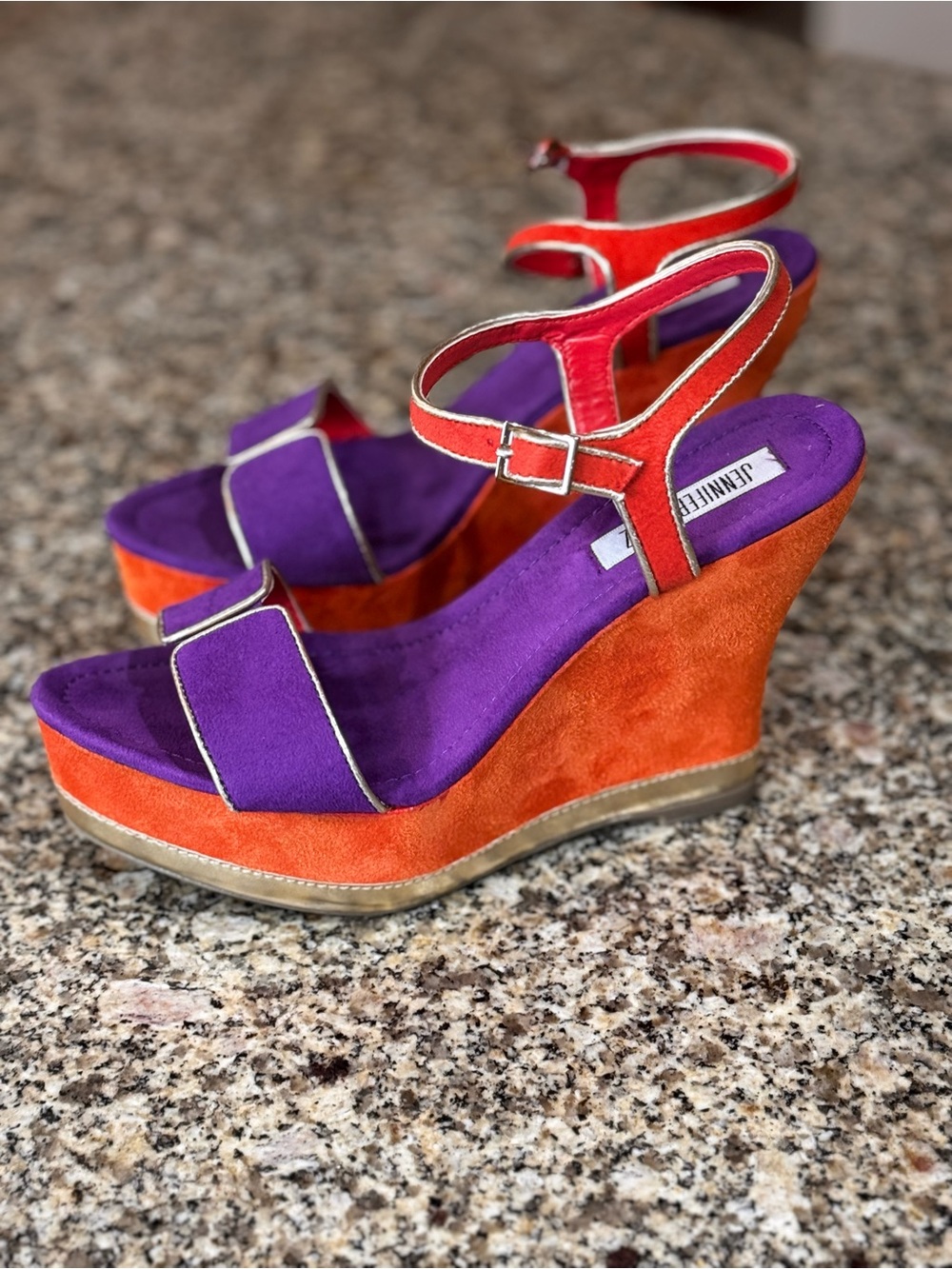 Jennifer Lopez Orange and Purple Suede Wedge Sandals